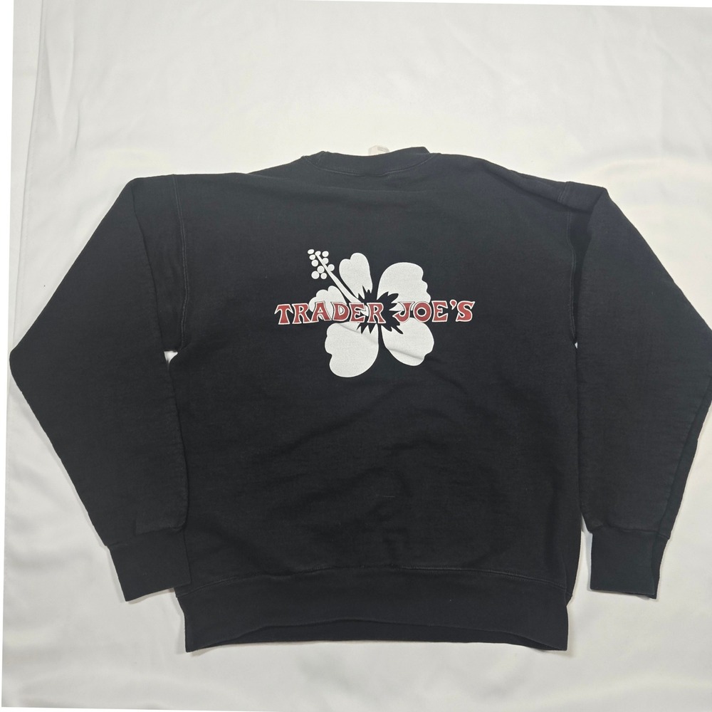rader Joes Crewneck Sweatshirt Mens Small Black Hibiscus Flower Employee Swag - Picture 3 of 10